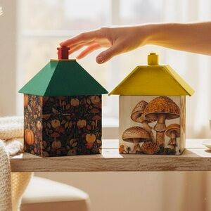 Vintage Handcrafted Folk Wooden Boxes Set of 2 Mushroom Floral Paper